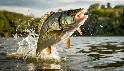 High-quality photo . Large mouth bass jumping out of the water. front view 