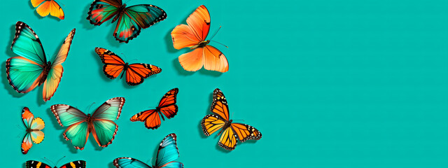 Vibrant butterflies on turquoise background, symbolizing nature and transformation. Copy space.