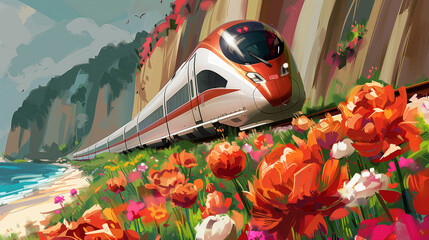 Ilustracja nowoczesnego pociągu w pięknej scenerii, kwiaty, plaża.