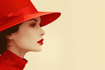 Elegancka kobieta z czerwonym kapeluszem - obrazy, fototapety, plakaty