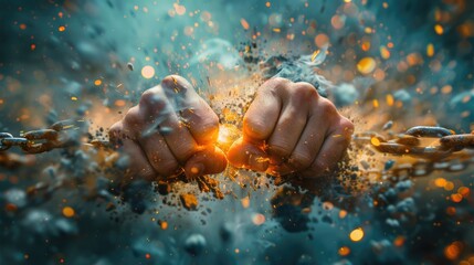 Breaking free from the chains of self-deception: hands breaking through chains symbolizing the liberation from the constraints of self-doubt and conquer their own imposter syndrome.