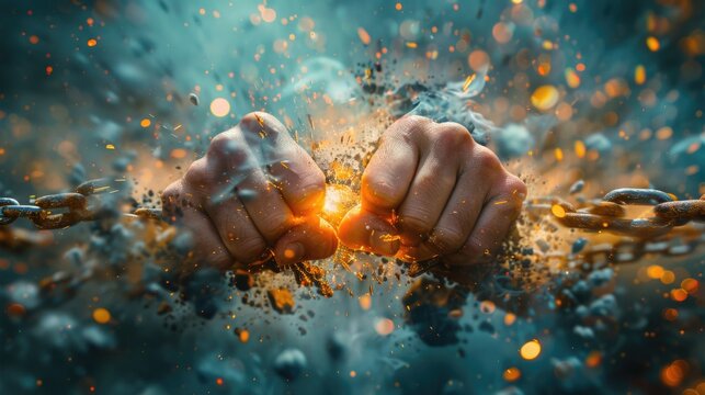 Breaking free from the chains of self-deception: hands breaking through chains symbolizing the liberation from the constraints of self-doubt and conquer their own imposter syndrome.