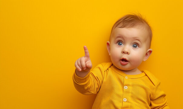 Surprised Baby Pointing At Background Copy Space