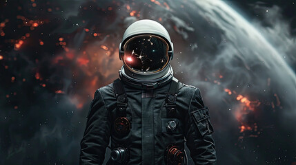 An astronaut in a spacesuit on the background of a large planet. - obrazy, fototapety, plakaty