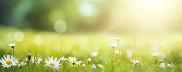 Fotobehang Springtime banner of white daisies flourishing in lush green grass with sunlight © Artem81
