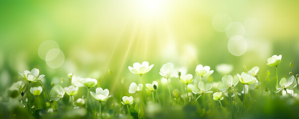 Lush spring banner of nature beauty with white flowers in bright green grass - obrazy, fototapety, plakaty