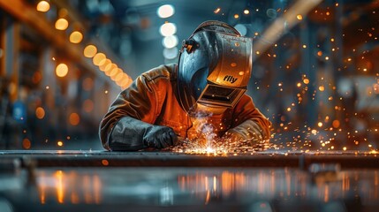 Professional welder at work Maintenance technicians are welding and grinding in their work place in the workshop. Helmets and protective gear were worn as sparks 
