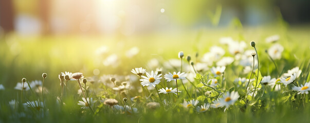 Springtime banner of white daisies flourishing in lush green grass with sunlight