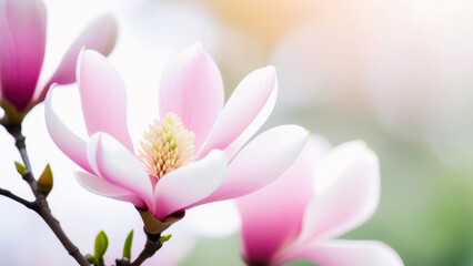 Obraz premium Close-up of a blooming magnolia in soft pink color. Copy space.