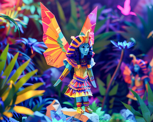 Origami fairies guide a cartoon pharaoh through a neon lit realm captured in vibrant high definition