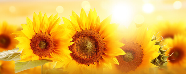 Bright sunflower banner with golden petals in sunlit summer glow