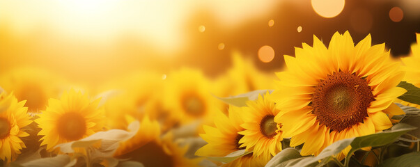 Obraz premium Golden sunset banner with sunflowers blooming in a vibrant field