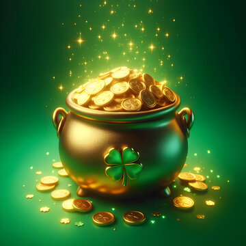 Pot of gold, gold coins, Shamrock leaves, isolated on a  green background, St. Patrick’s Day,
