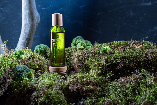 Kyiv, Ukraine - February 12, 2023: Victorinox perfume on moss. The smell of forest and nature. A bottle of parfun on the moss near a tree. Forest journey.