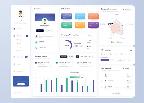 UI UX Infographic dashboard. UI design with graphs, charts and diagrams. Web interface template