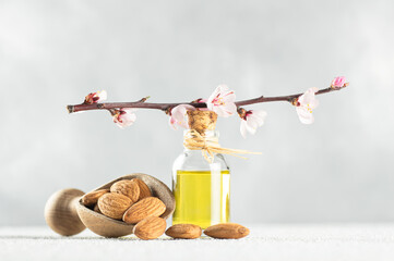Glass bottle of Almond oil and almond nuts , almonds with almond tree flowers on table. Almond...