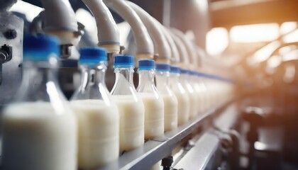 High-quality photo . Milk factory. Robotic factory line for processing and glass bottling of