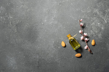 Glass bottle of Almond oil and almond nuts , almonds with almond tree flowers on table. Almond background concept with copy space