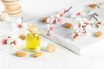 Glass bottle of Almond oil and almond nuts , almonds with almond tree flowers on table. Almond background concept with copy space