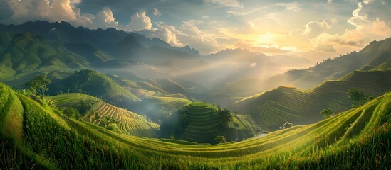 Sunrise Landscape with Rice Terraces in Vietnam - obrazy, fototapety, plakaty