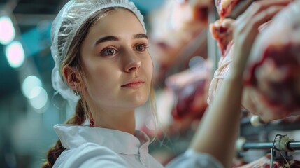 A young female worker in a meat processing factory is inspecting fresh raw meat hanging in a cold room. Check the temperature of the beef carcass.