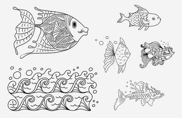  Set of ocean fish outline vector clipart