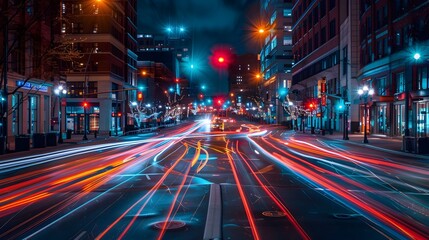 Vibrant City Street with Light Trails at Night, To provide a unique and visually striking representation of city life at night, capturing the