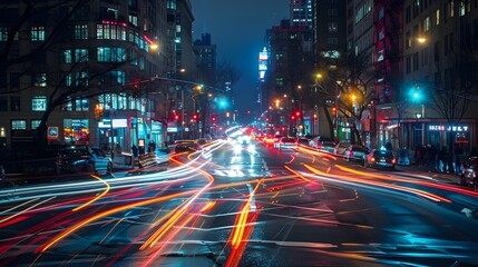 Vibrant City Night with Colorful Light Streaks and Red Train, To provide a visually striking and energetic representation of city life at night, - obrazy, fototapety, plakaty