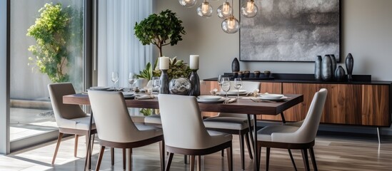 A luxury modern dining room featuring a nicely decorated dining table surrounded by chairs. The room is spacious and well-lit, creating an inviting atmosphere for dining.