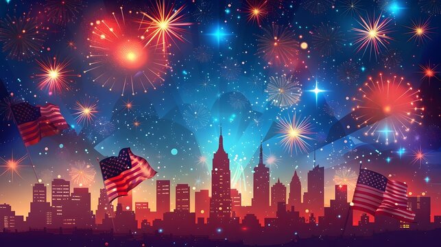 Vibrant City Celebration with Fireworks and American Flags, To provide a visually striking and celebratory image for use in advertisements,