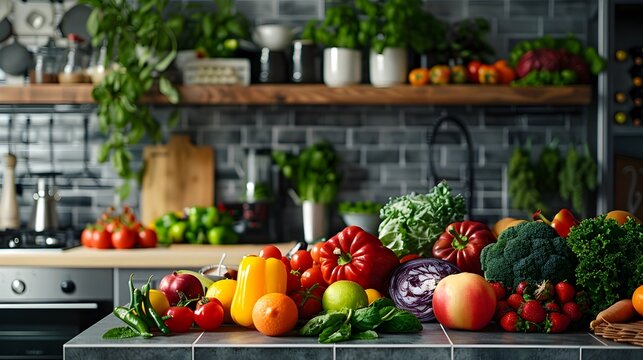 Vibrant Fruits and Vegetables Arrangement in a Kitchen