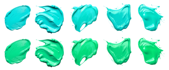 2 Collection set of turquoise blue green, blob paint ink liquid smear smudge swatch cream gel wax on transparent background cutout, PNG file. Many different design. Mockup template artwork graphic