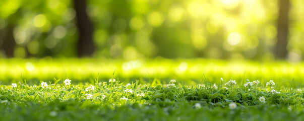 Lush nature banner with delicate wildflowers in glowing sunrise light