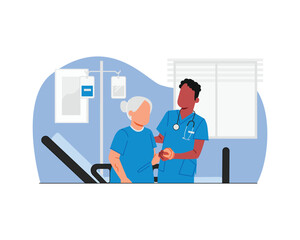 A male doctor helping a woman elder patient in hospital corridor flat style character vector illustration design