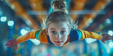 The beautiful little girl is engaged in sports gymnastics at gym. The performance, sport, acrobat, acrobatic, exercise, training concept