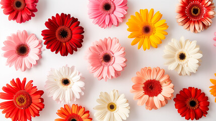 Beautiful set of multi-colored gerbera flowers on a white background. Postcard, poster design.