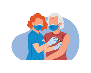 nurse vaccinating old woman in face mask, vector illustration design for health care and medical concept