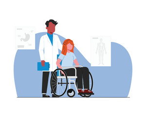 Patient in a wheelchair with a doctor. Vector illustration in flat style for health care and medical theme.