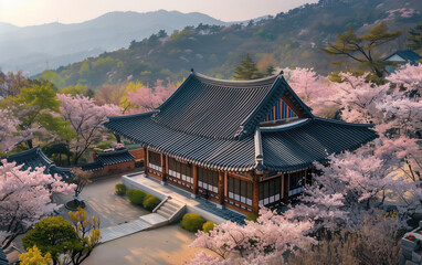 Fototapeta premium Chinese ancient architecture and cherry blossoms,created with Generative AI tecnology.