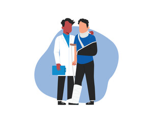 A medical person in white help an Injured man with broken arm. Vector illustration in flat style.
