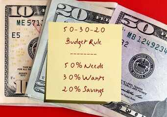 Dollars cash money with note written 50-30-20 budget rule, concept of recommend saving rule - ...