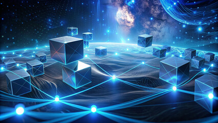 Futuristic data technology background, data science blocks with connected networking, global technological internet waves