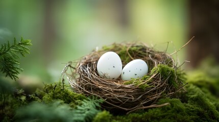 Obraz premium White Bird Eggs in a Nest. Blurred Forest Background