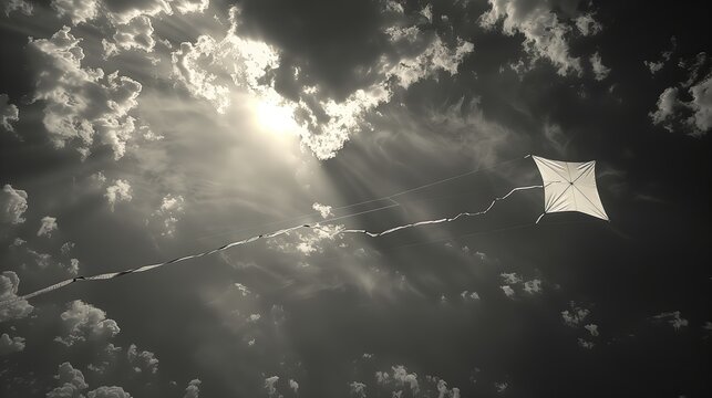 The image captures a luminous kite dancing in the sun's rays, set against a dramatic sky, evoking a sense of freedom and joy.