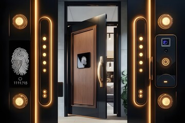 Finger look smart door with new technology, finger print door  - obrazy, fototapety, plakaty