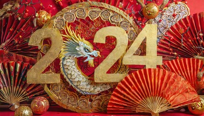 Obraz premium High-quality photo .2024 Chinese New Year Banner- Abstract Art with Oriental Dragon 