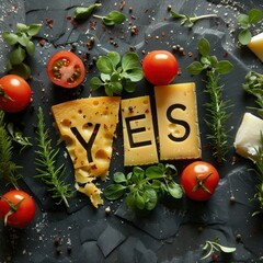 Yes to cheese! The word YES assembled from cheese. The cheese is folded into the figure of the inscription yes. The cheese really wants you to like it and say yes to you. Positive signs from cheese.