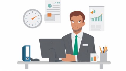 Create an infographic style illustration of a businessman in his office on the computer.