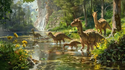 Artistic rendition of dinosaurs wading through a forest waterhole with a waterfall, surrounded by vibrant flora and fauna.