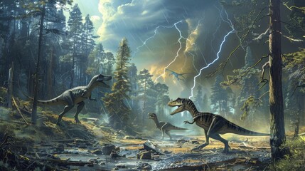 Dramatic scene of Velociraptors and a Pterosaur caught in a lightning storm within an atmospheric Jurassic forest setting.